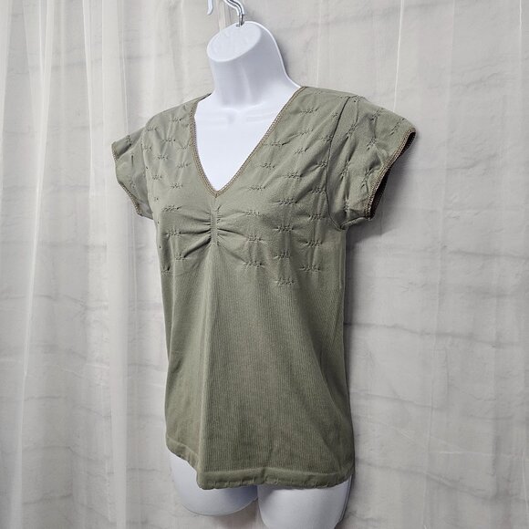 Vintage Olive Green Tee Top Y2K Fairy Twee Crochet Trim Ruched Ribbed Bodycon XL - Picture 6 of 11